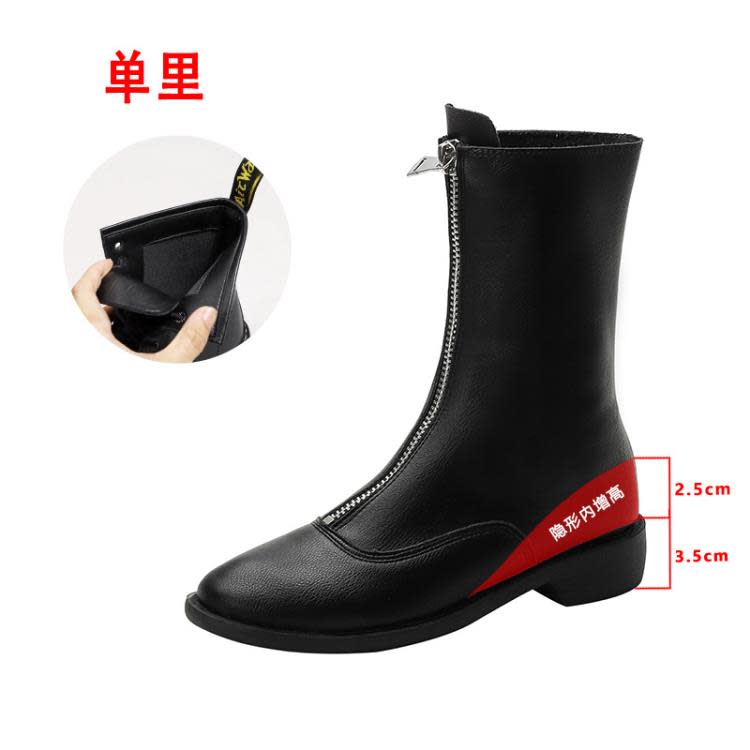 短靴 大碼女靴41-43內增高馬丁靴女平底前拉鍊中筒小個子增高靴子-細節圖8