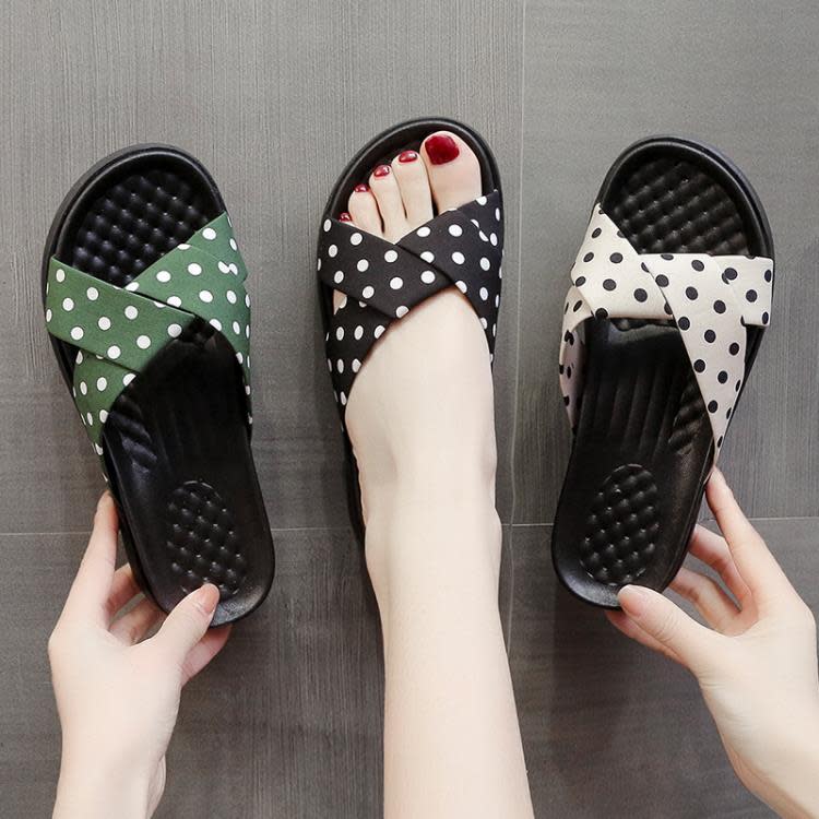 正韓時尚波點涼拖鞋女厚底舒適交叉平底拖鞋松糕軟底度假沙灘涼鞋-細節圖4
