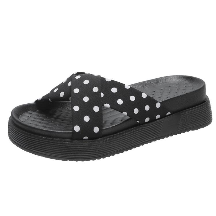 正韓時尚波點涼拖鞋女厚底舒適交叉平底拖鞋松糕軟底度假沙灘涼鞋-細節圖5