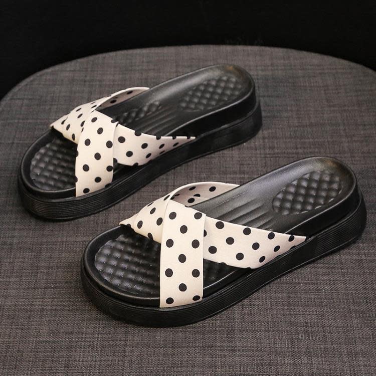 正韓時尚波點涼拖鞋女厚底舒適交叉平底拖鞋松糕軟底度假沙灘涼鞋-細節圖7
