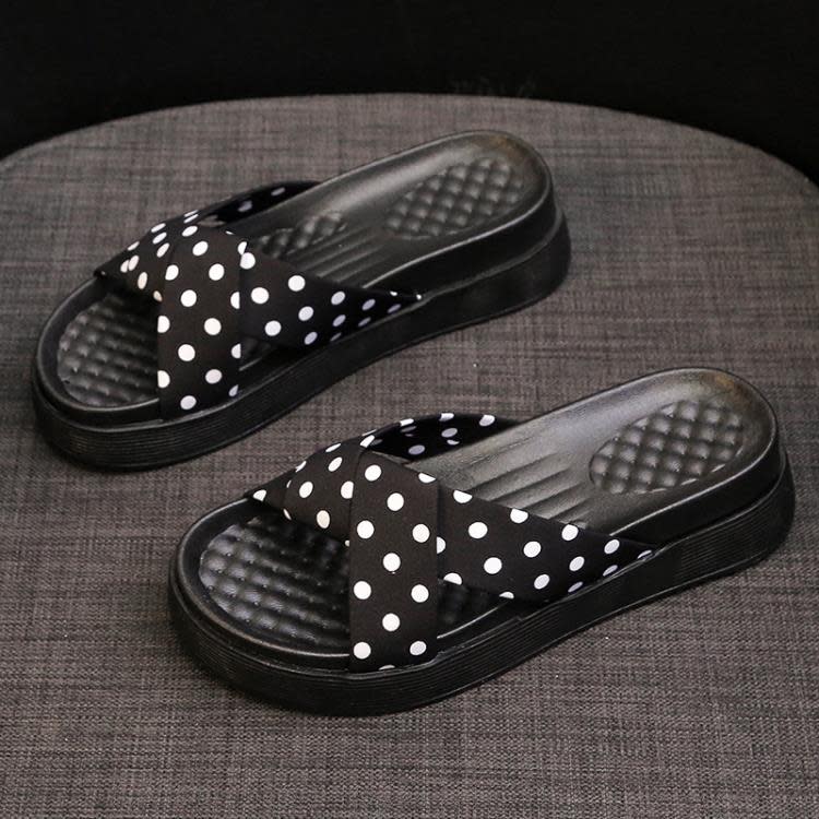 正韓時尚波點涼拖鞋女厚底舒適交叉平底拖鞋松糕軟底度假沙灘涼鞋-細節圖8