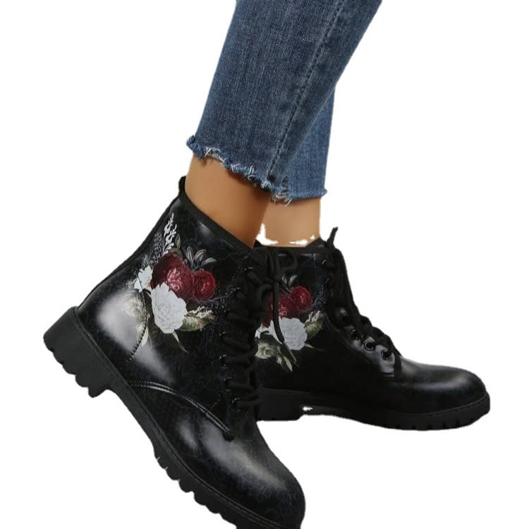 短靴 大碼女鞋2023夏季新款休閒時尚粗跟交叉綁帶馬丁靴-細節圖5