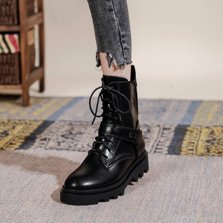 中筒靴 厚底馬丁靴女2023秋冬新款帥氣真皮工裝機車靴英倫風系帶靴子-細節圖2