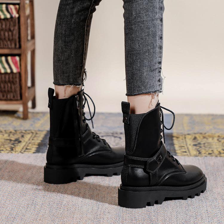 中筒靴 厚底馬丁靴女2023秋冬新款帥氣真皮工裝機車靴英倫風系帶靴子-細節圖3