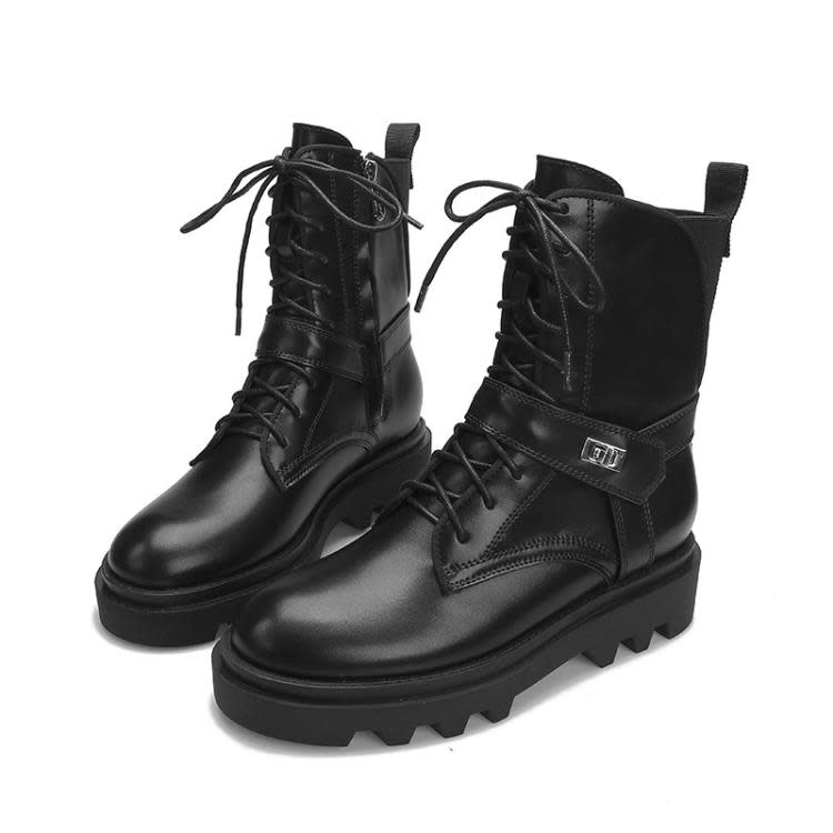 中筒靴 厚底馬丁靴女2023秋冬新款帥氣真皮工裝機車靴英倫風系帶靴子-細節圖5