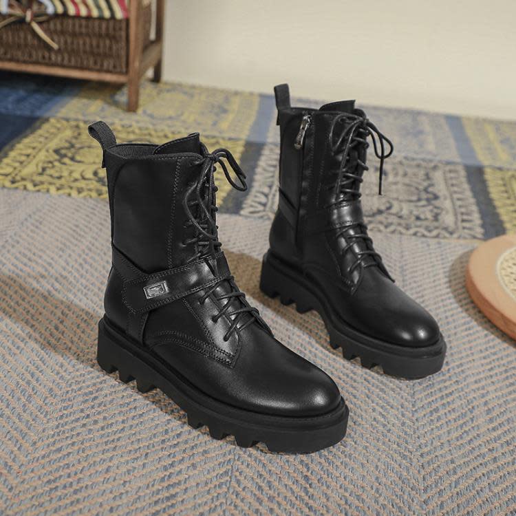 中筒靴 厚底馬丁靴女2023秋冬新款帥氣真皮工裝機車靴英倫風系帶靴子-細節圖6