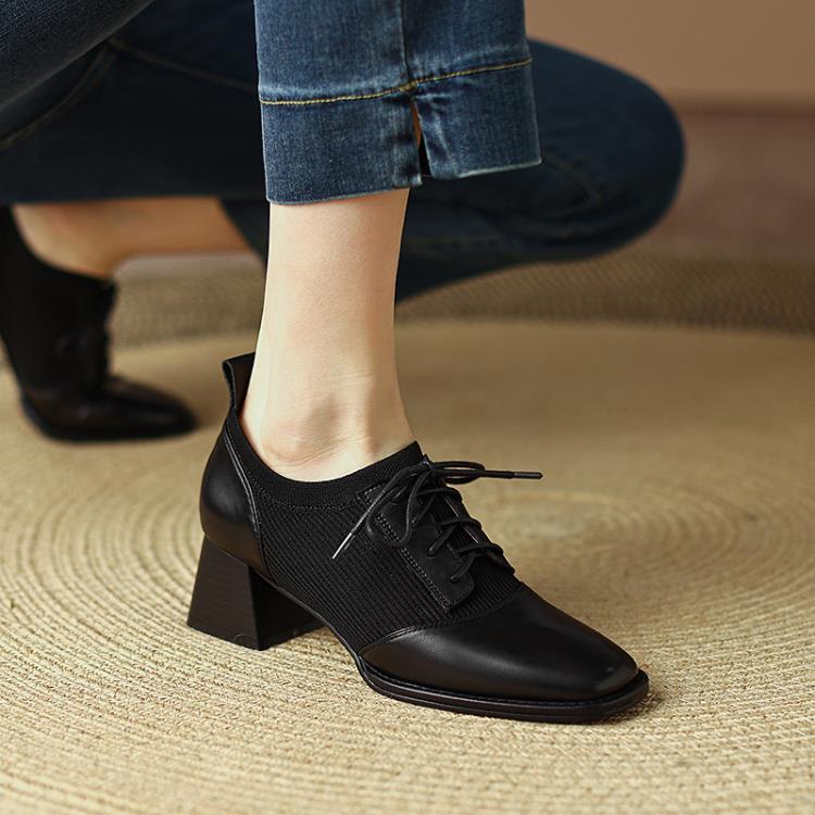 高跟鞋 牛皮2023年方頭粗跟系帶深口單鞋女鞋針織鞋復古風黑色棕色-細節圖2