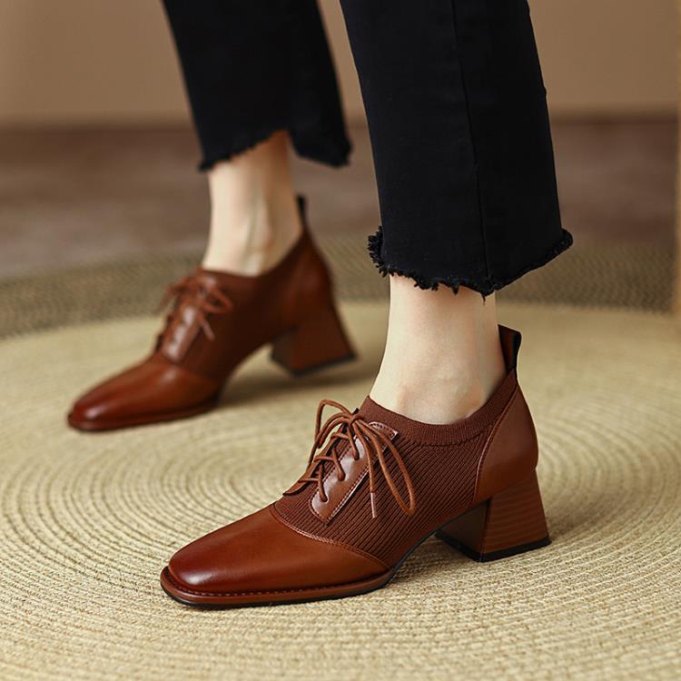 高跟鞋 牛皮2023年方頭粗跟系帶深口單鞋女鞋針織鞋復古風黑色棕色-細節圖3