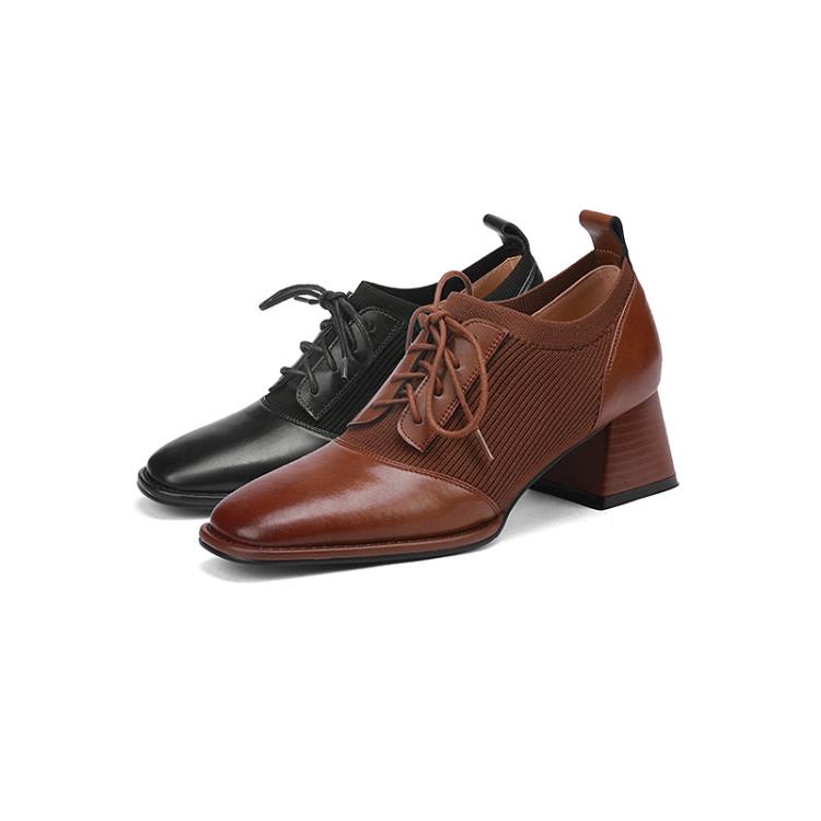 高跟鞋 牛皮2023年方頭粗跟系帶深口單鞋女鞋針織鞋復古風黑色棕色-細節圖5