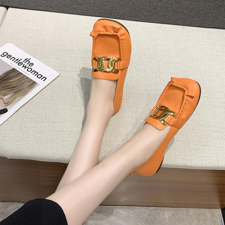 方頭懶人皮鞋女2023新款秋季軟面荷葉邊樂福鞋夏季金屬扣豆豆單鞋-細節圖2