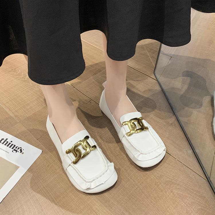 方頭懶人皮鞋女2023新款秋季軟面荷葉邊樂福鞋夏季金屬扣豆豆單鞋-細節圖3