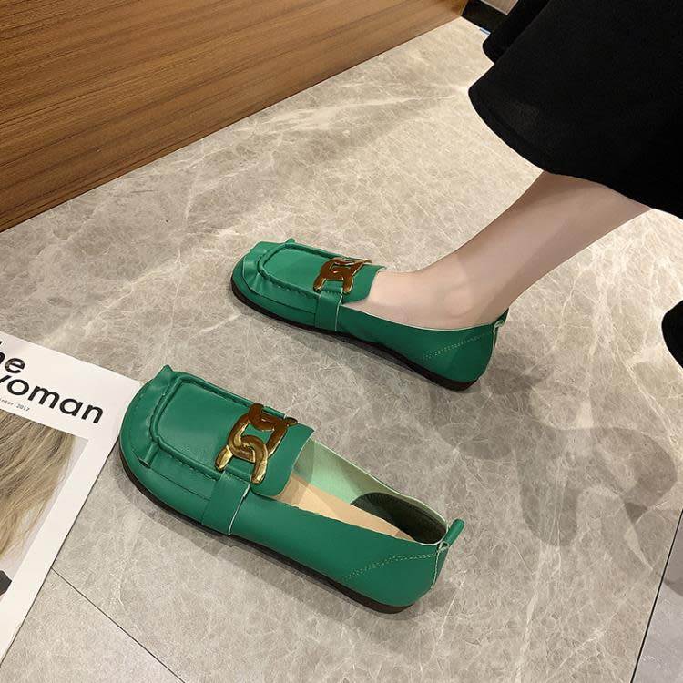 方頭懶人皮鞋女2023新款秋季軟面荷葉邊樂福鞋夏季金屬扣豆豆單鞋-細節圖4
