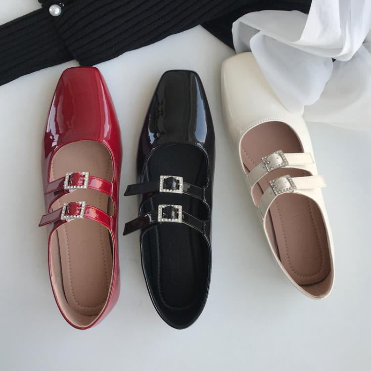 2023春秋新款時尚小方頭水鉆扣漆皮平跟淺口甜美氣質瑪麗珍單鞋女-細節圖2
