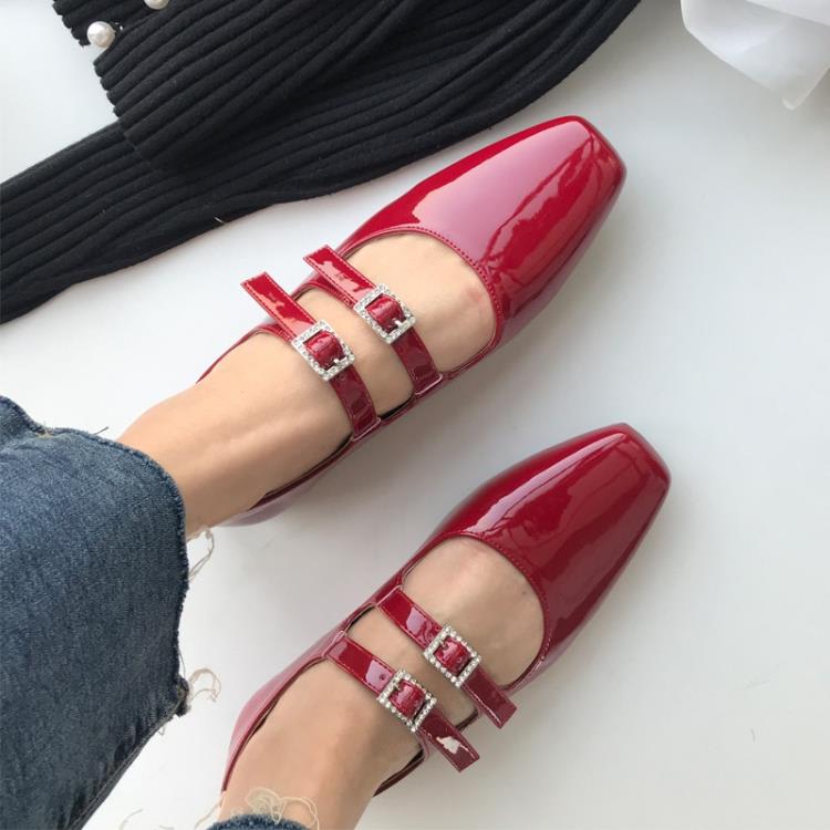 2023春秋新款時尚小方頭水鉆扣漆皮平跟淺口甜美氣質瑪麗珍單鞋女-細節圖3