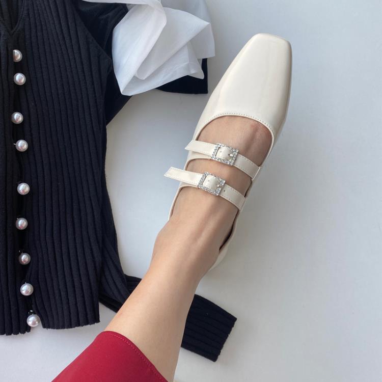 2023春秋新款時尚小方頭水鉆扣漆皮平跟淺口甜美氣質瑪麗珍單鞋女-細節圖4