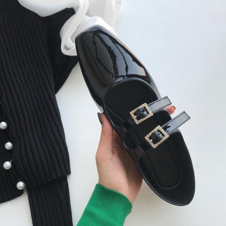 2023春秋新款時尚小方頭水鉆扣漆皮平跟淺口甜美氣質瑪麗珍單鞋女-細節圖5