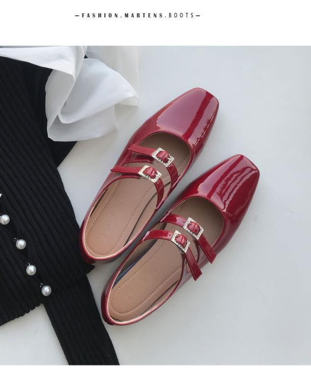 2023春秋新款時尚小方頭水鉆扣漆皮平跟淺口甜美氣質瑪麗珍單鞋女-細節圖6