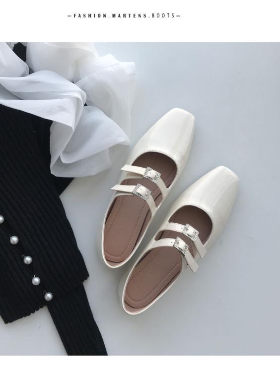 2023春秋新款時尚小方頭水鉆扣漆皮平跟淺口甜美氣質瑪麗珍單鞋女-細節圖7