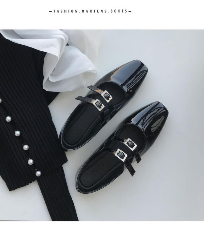 2023春秋新款時尚小方頭水鉆扣漆皮平跟淺口甜美氣質瑪麗珍單鞋女-細節圖8