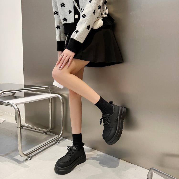 樂福鞋 簡約厚底內增高小皮鞋女鞋2023年秋冬新款日系配裙單鞋系帶-細節圖2