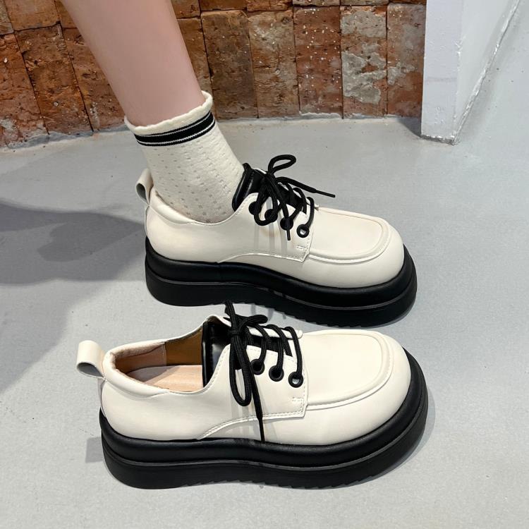 樂福鞋 簡約厚底內增高小皮鞋女鞋2023年秋冬新款日系配裙單鞋系帶-細節圖3