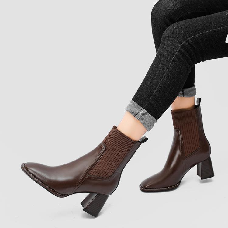 高跟鞋 粗跟短靴方頭針織彈力時裝單靴2023新款棕色秋冬軟皮女靴-細節圖2