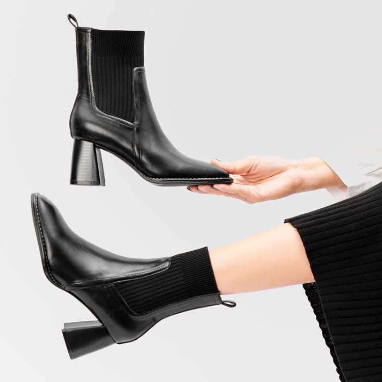 高跟鞋 粗跟短靴方頭針織彈力時裝單靴2023新款棕色秋冬軟皮女靴-細節圖3