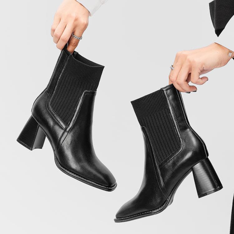 高跟鞋 粗跟短靴方頭針織彈力時裝單靴2023新款棕色秋冬軟皮女靴-細節圖4