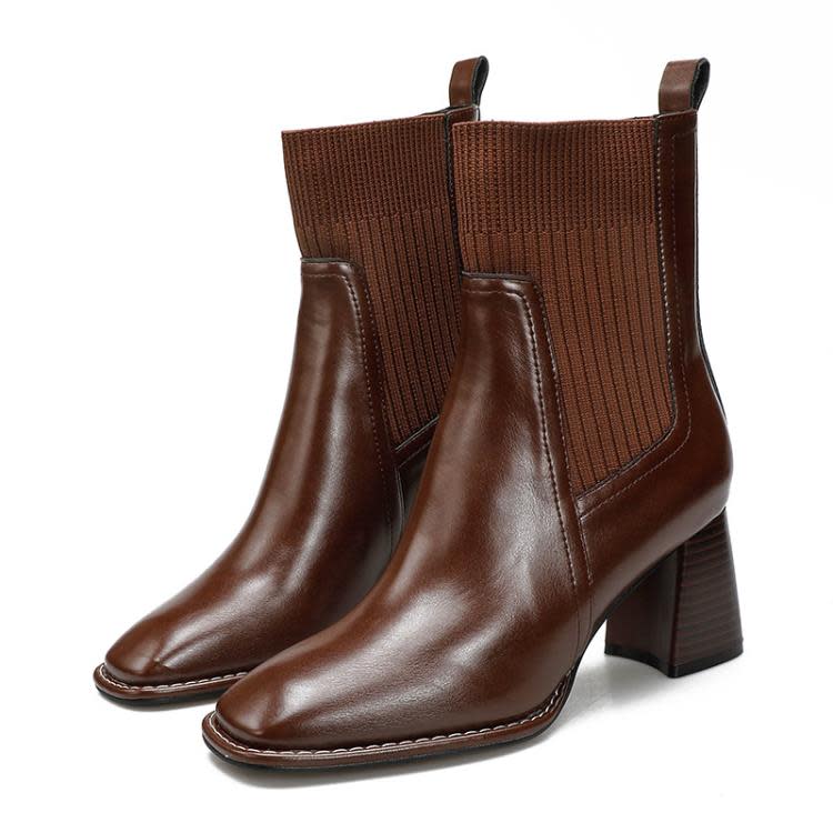 高跟鞋 粗跟短靴方頭針織彈力時裝單靴2023新款棕色秋冬軟皮女靴-細節圖5