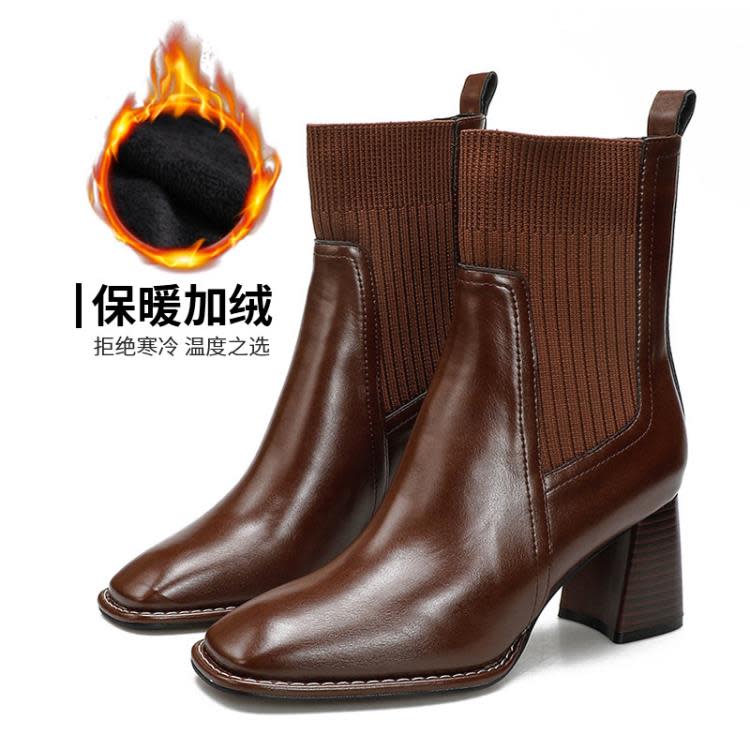 高跟鞋 粗跟短靴方頭針織彈力時裝單靴2023新款棕色秋冬軟皮女靴-細節圖7