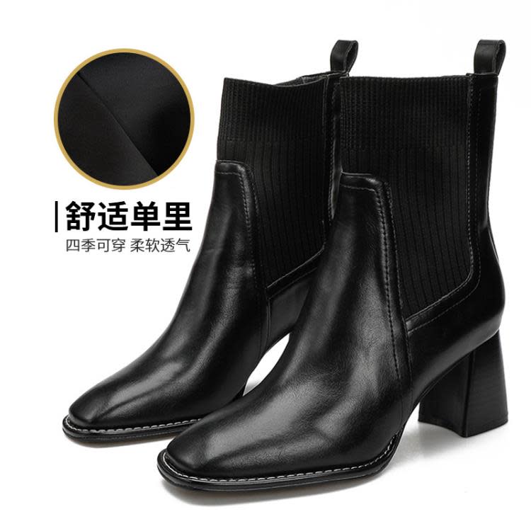高跟鞋 粗跟短靴方頭針織彈力時裝單靴2023新款棕色秋冬軟皮女靴-細節圖8