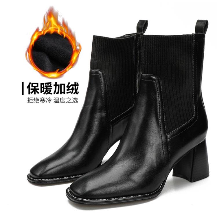 高跟鞋 粗跟短靴方頭針織彈力時裝單靴2023新款棕色秋冬軟皮女靴-細節圖9