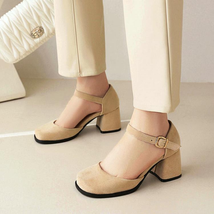 方頭包頭女涼鞋絨面粗跟高跟中空女涼鞋簡約一字扣帶瑪麗珍涼鞋-細節圖4