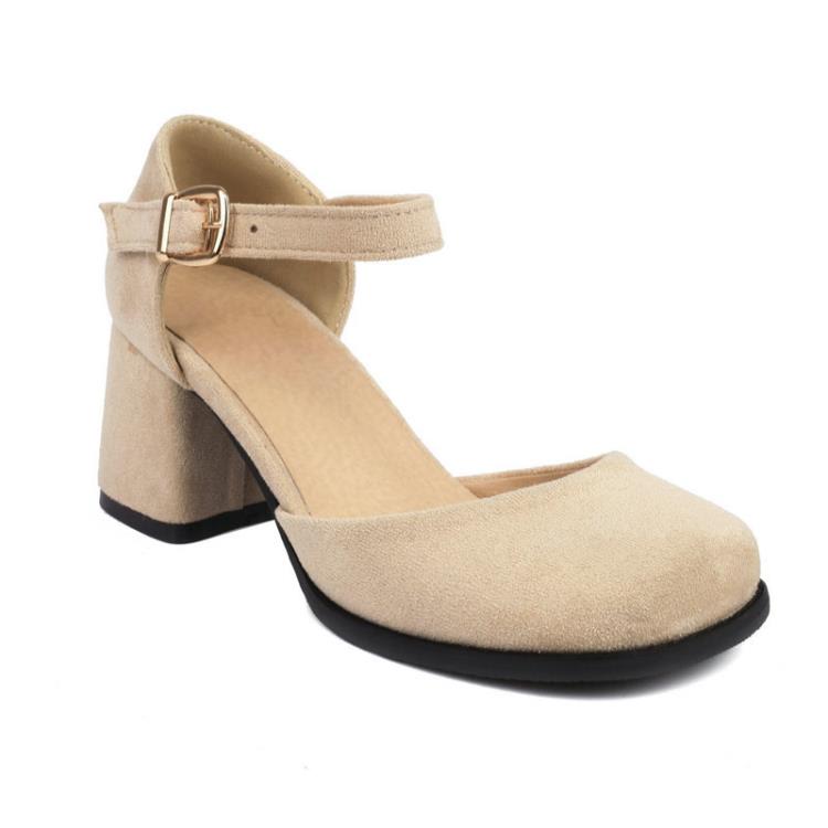 方頭包頭女涼鞋絨面粗跟高跟中空女涼鞋簡約一字扣帶瑪麗珍涼鞋-細節圖6