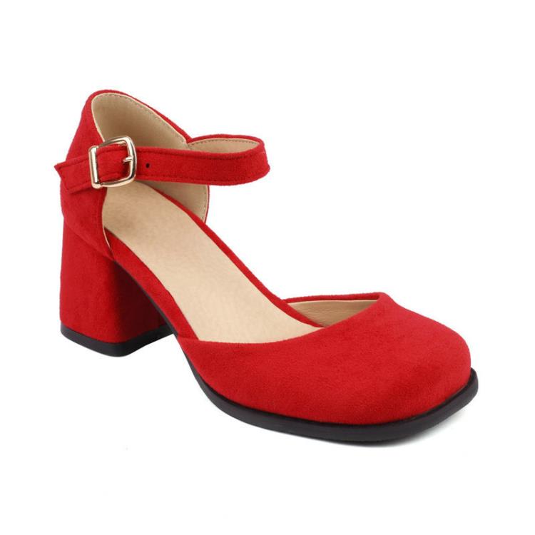 方頭包頭女涼鞋絨面粗跟高跟中空女涼鞋簡約一字扣帶瑪麗珍涼鞋-細節圖7