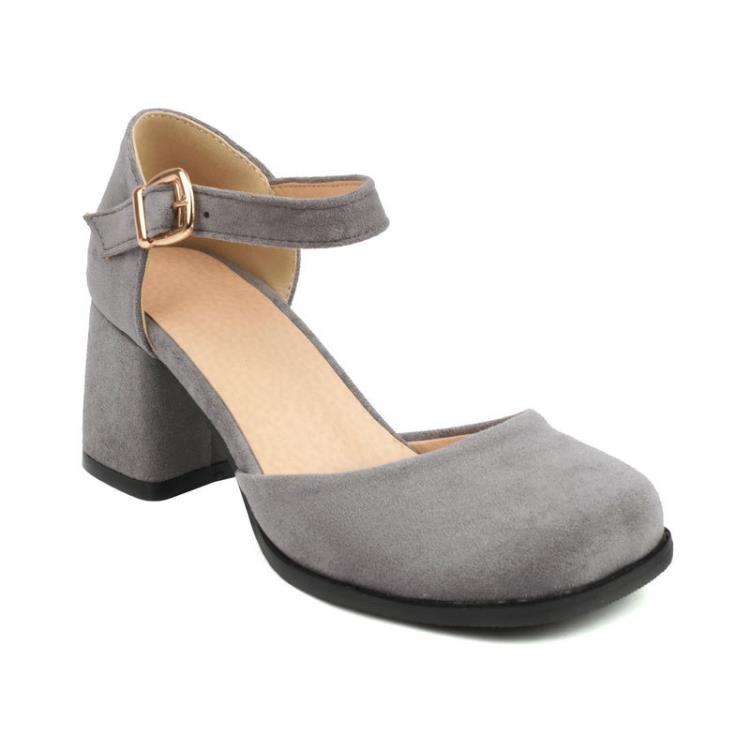 方頭包頭女涼鞋絨面粗跟高跟中空女涼鞋簡約一字扣帶瑪麗珍涼鞋-細節圖8