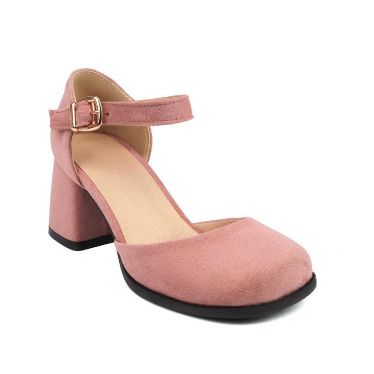 方頭包頭女涼鞋絨面粗跟高跟中空女涼鞋簡約一字扣帶瑪麗珍涼鞋-細節圖9