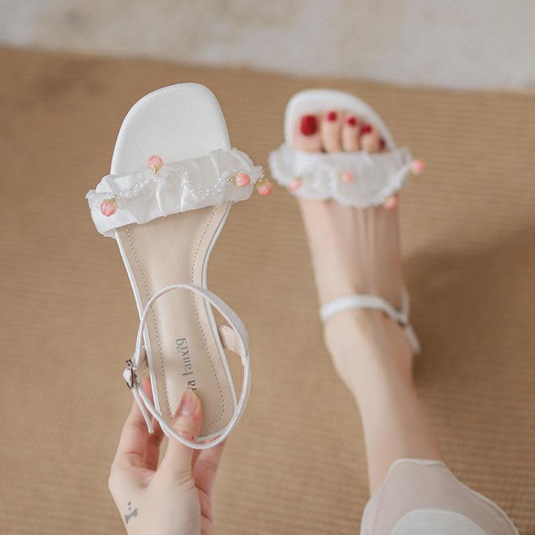 涼鞋 絕美透明粗跟女夏季2023年新款一字帶仙女風配裙子洋裝百搭時裝鞋-細節圖2