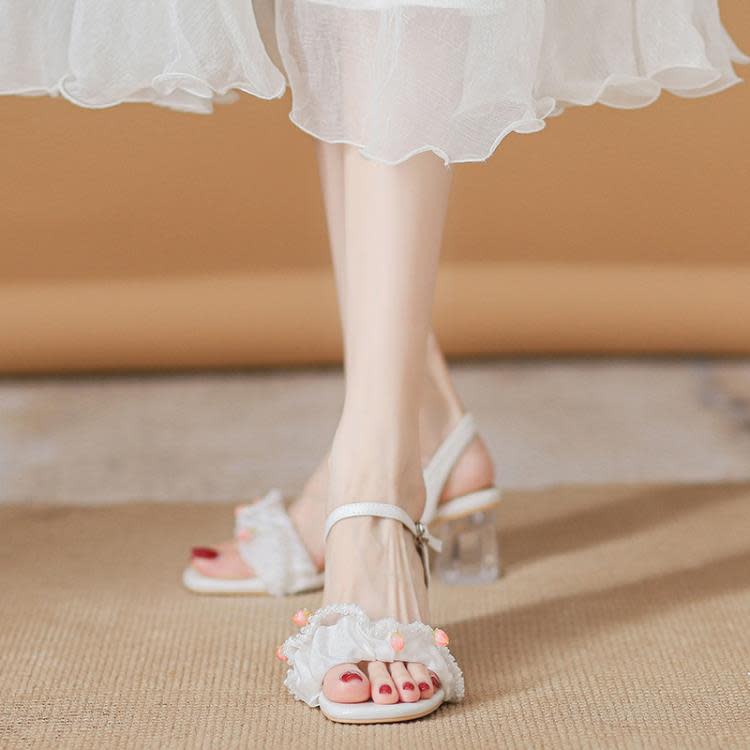 涼鞋 絕美透明粗跟女夏季2023年新款一字帶仙女風配裙子洋裝百搭時裝鞋-細節圖3