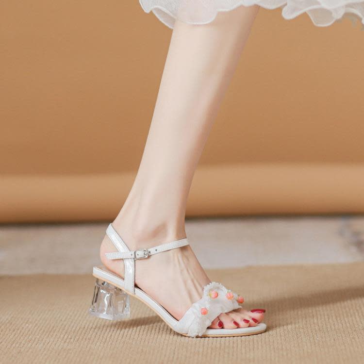 涼鞋 絕美透明粗跟女夏季2023年新款一字帶仙女風配裙子洋裝百搭時裝鞋-細節圖4