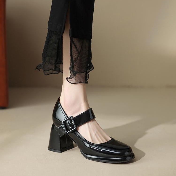 高跟鞋 新款潮流時尚瑪麗珍鞋女單鞋方頭粗跟復古英倫風小皮鞋女批髮-細節圖3