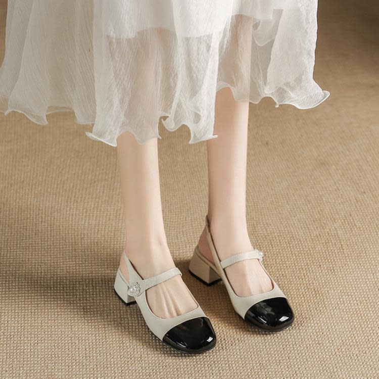 高跟鞋 拼色真皮瑪麗珍鞋2023新款夏天鞋子女生外穿小香風包頭涼拖鞋-細節圖4