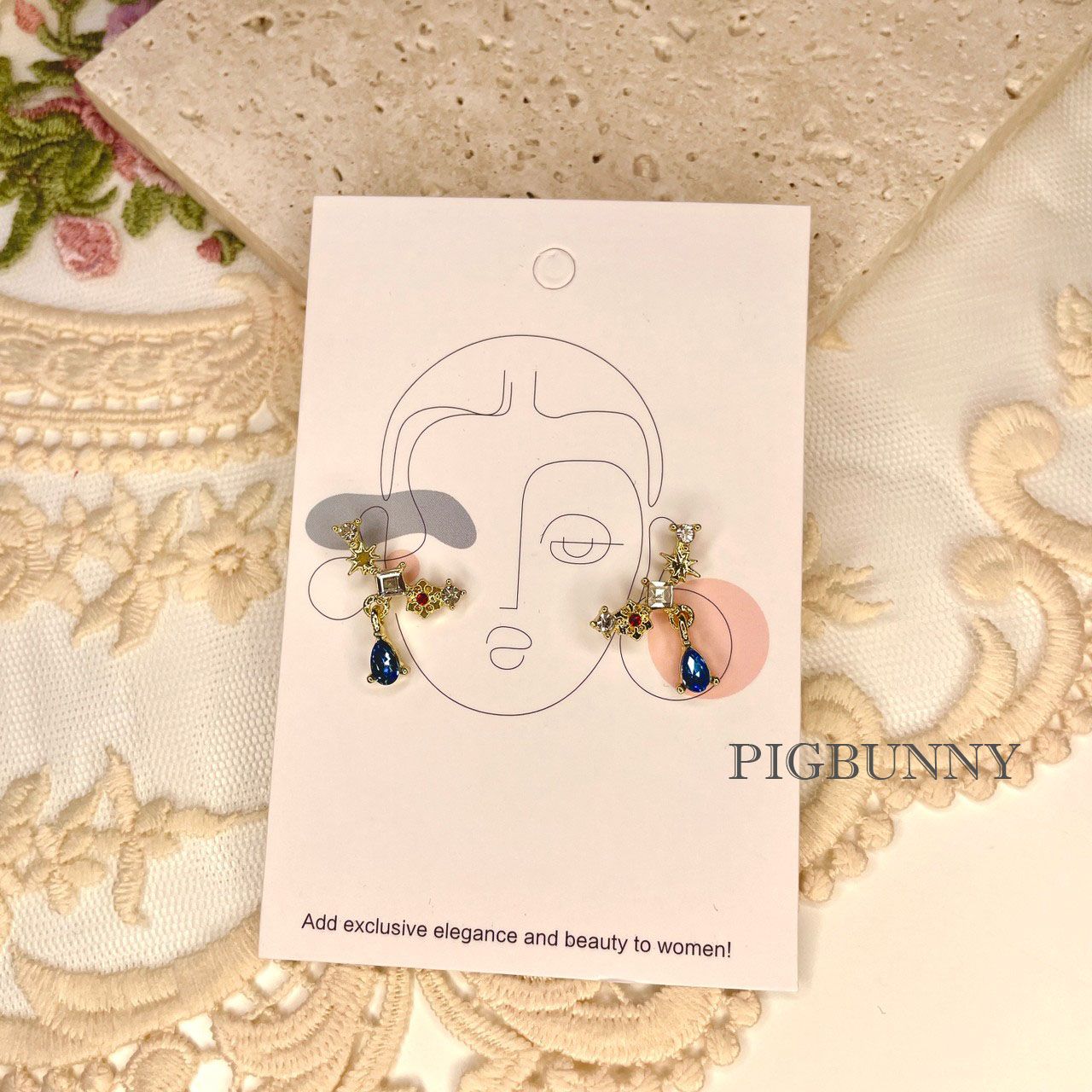 現貨實拍 「惡女是提線木偶」法式寶石藍水鑽925銀針耳環-細節圖5