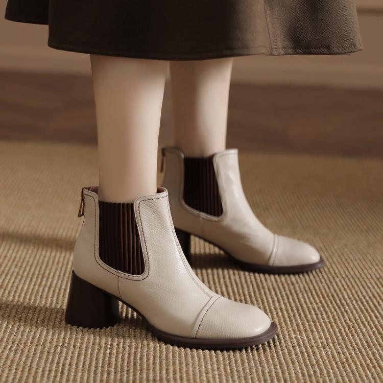 短靴 復古風馬丁靴2023秋季新款高跟鞋粗跟中跟女靴拼色方頭簡約女-細節圖2