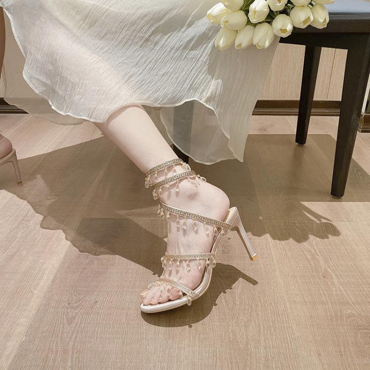 L-108蛇形纏繞水晶吊墜水鉆法式歐美一字帶高跟鞋 涼鞋女百搭夏季-細節圖3