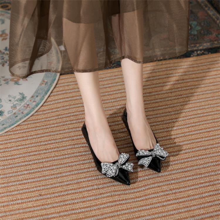 高跟鞋 528-F2鞋女細跟設計感小眾法式蝴蝶結尖頭珍珠不累腳時裝單鞋-細節圖4