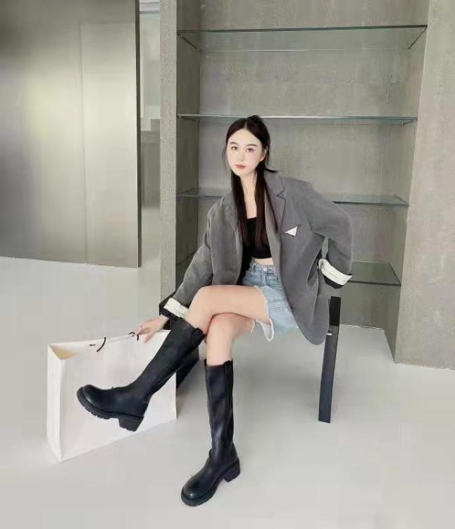 圓頭高筒靴女秋冬網紅不過膝長筒靴瘦瘦靴騎士靴平底彈力日常長靴-細節圖2