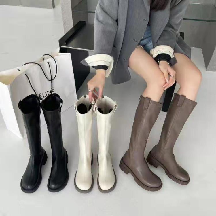 圓頭高筒靴女秋冬網紅不過膝長筒靴瘦瘦靴騎士靴平底彈力日常長靴-細節圖5