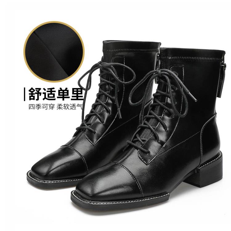 中跟鞋 后拉鍊方頭女靴定做2023時裝中筒女靴訂製粗跟英倫風馬丁靴-細節圖7