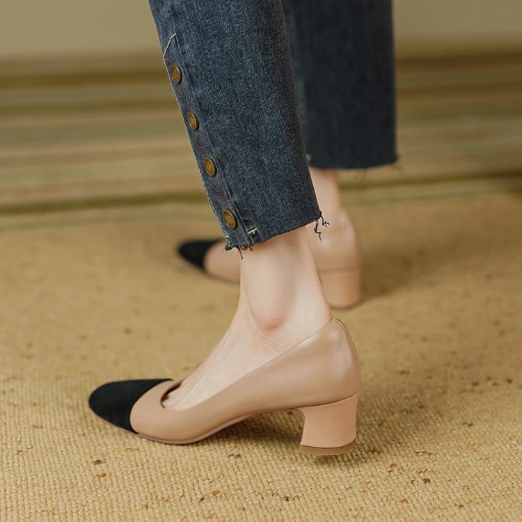 中跟鞋 頭層牛皮2023年春秋季圓頭粗跟單鞋女鞋拼色高跟鞋米白色杏色-細節圖2